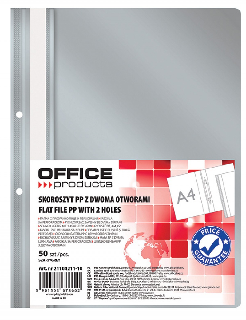 Skoroszyt OFFICE PRODUCTS, PP, A4, 2 otwory, 100/170mikr., wpinany, szary
