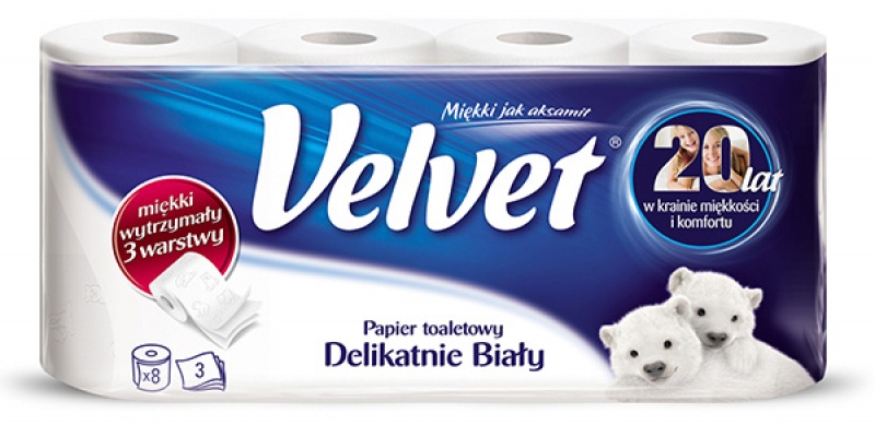 Papier toaletowy celulozowy VELVET Delikatnie Biały, 3-warstwowy, 150 listki, 8szt., biały