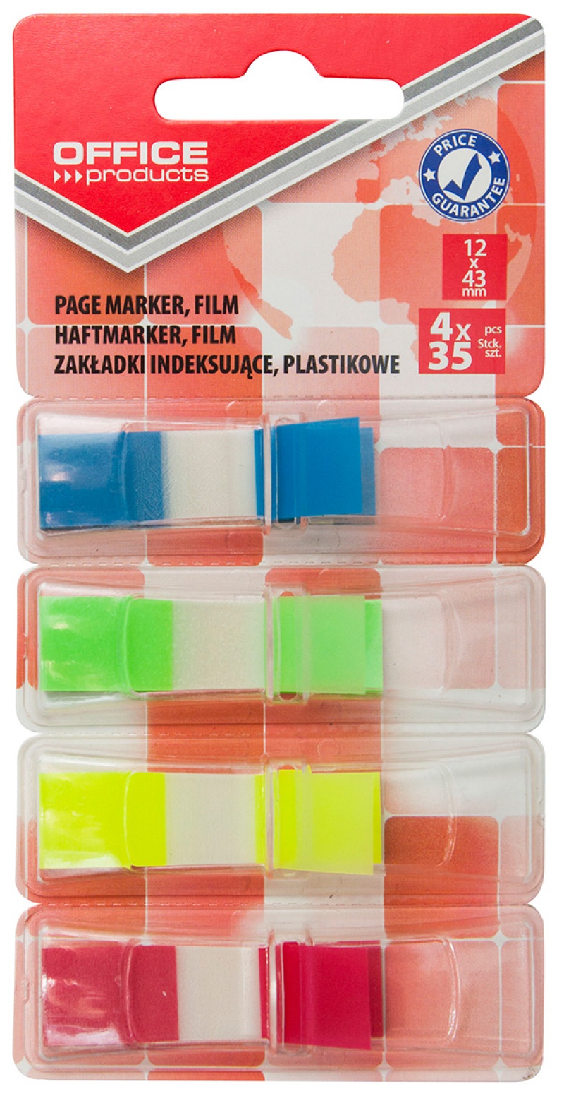 Zakładki indeksujące OFFICE PRODUCTS, PP, standard, 12x43mm, 4x35 kart., blister, mix kolorów