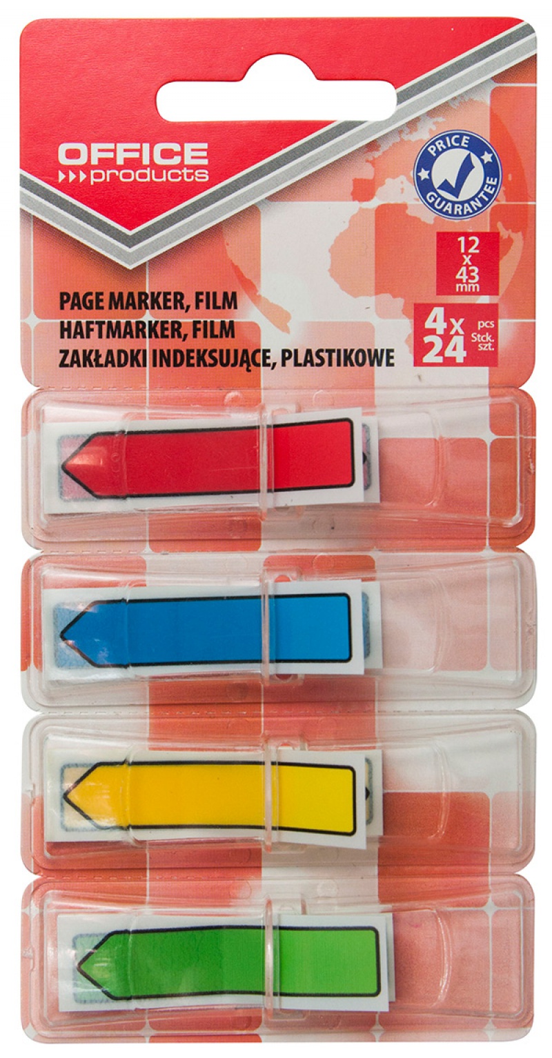 Zakładki indeksujące OFFICE PRODUCTS, PP, strzałka, 12x43mm, 4x24 kart., blister, mix kolorów