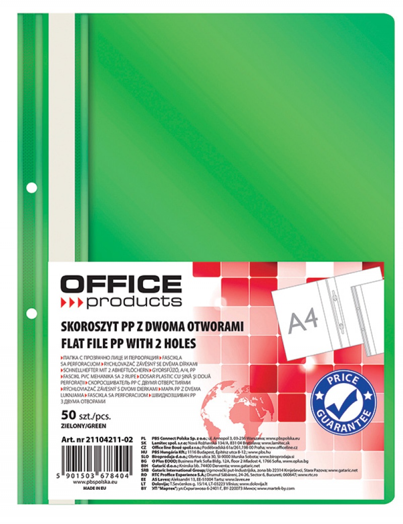 Skoroszyt OFFICE PRODUCTS, PP, A4, 2 otwory, 100/170mikr., wpinany, zielony