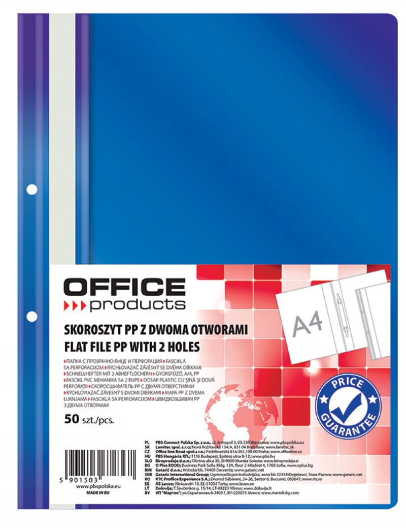 Skoroszyt OFFICE PRODUCTS, PP, A4, 2 otwory, 100/170mikr., wpinany, granatowy