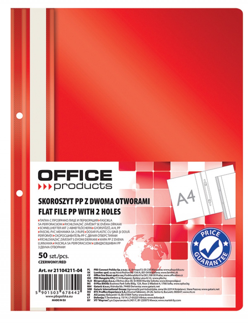 Skoroszyt OFFICE PRODUCTS, PP, A4, 2 otwory, 100/170mikr., wpinany, czerwony