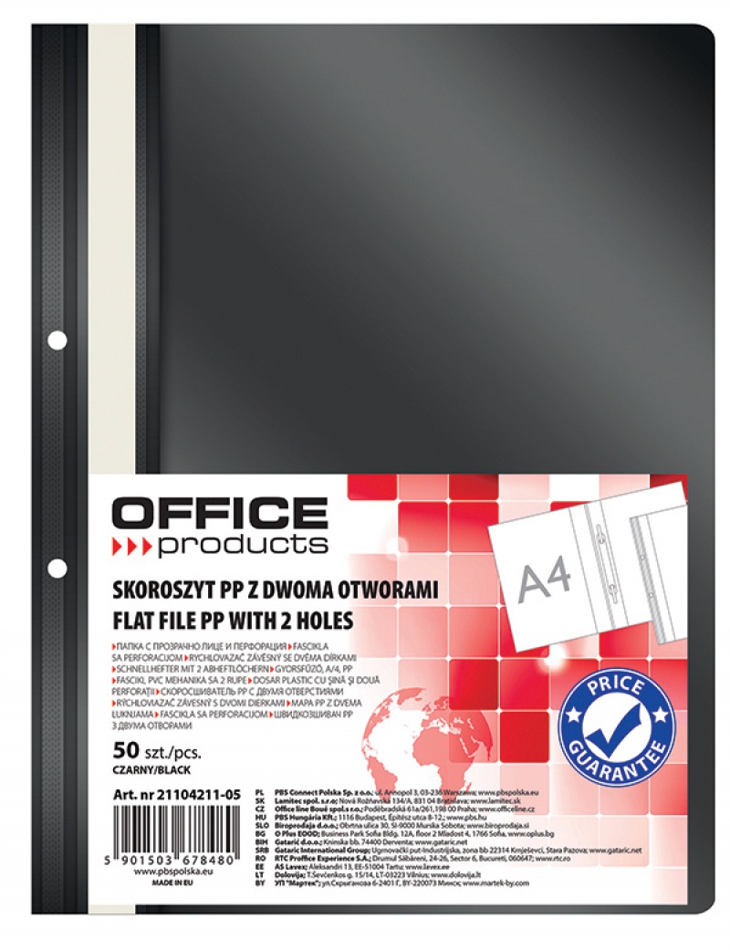Skoroszyt OFFICE PRODUCTS, PP, A4, 2 otwory, 100/170mikr., wpinany, czarny
