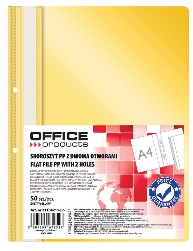 Skoroszyt OFFICE PRODUCTS, PP, A4, 2 otwory, 100/170mikr., wpinany, żółty