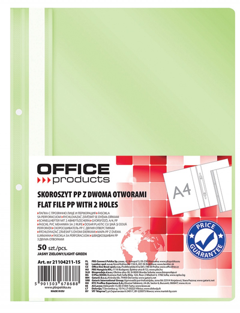 Skoroszyt OFFICE PRODUCTS, PP, A4, 2 otwory, 100/170mikr., wpinany, jasnozielony