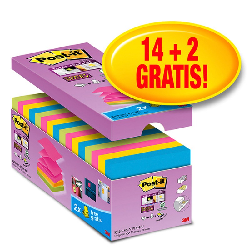 Karteczki samoprzylepne POST-IT® Super sticky Z-Notes (R330-SS-VP16), 76x76mm, 14x90 kart., mix kolorów, 2 bloczki gratis