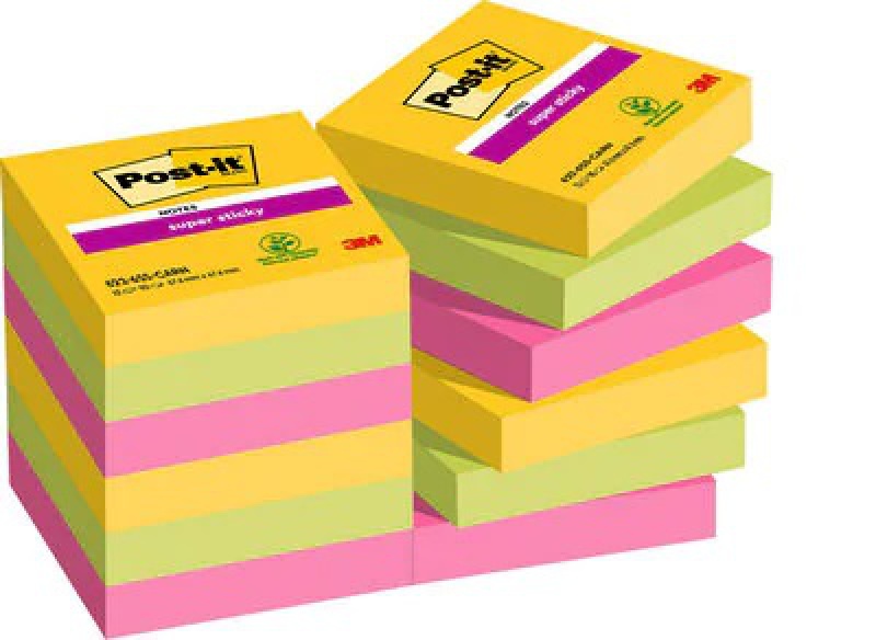 Karteczki samoprzylepne POST-IT® Super Sticky (622-12SSRIO), 47,6x47,6mm, 12x90 kart., paleta Rio de Janeiro