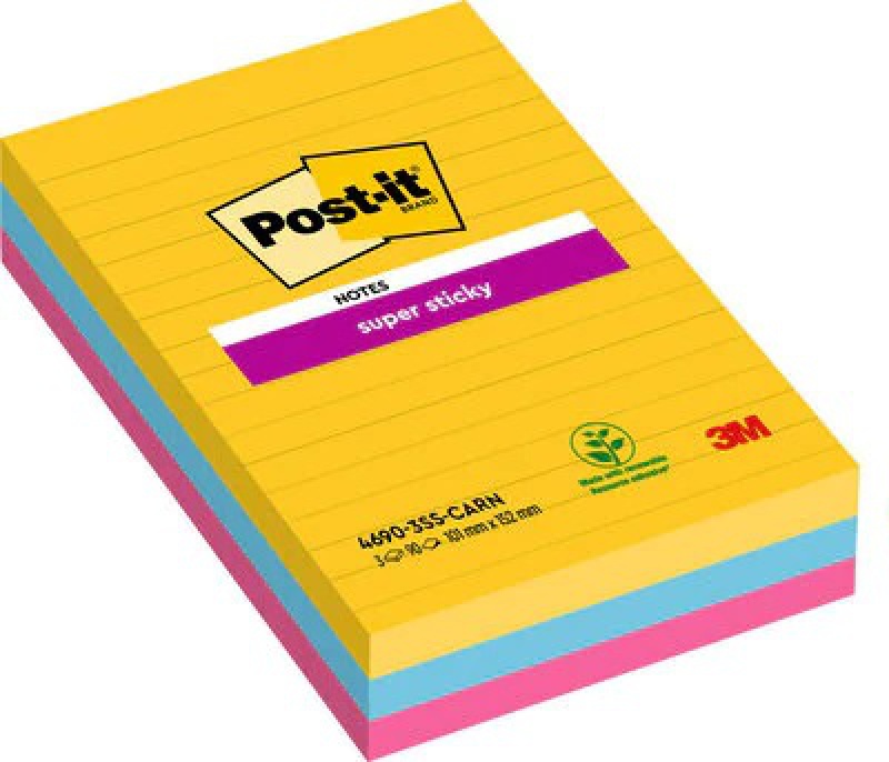 Karteczki samoprzylepne POST-IT® Super Sticky w linie (4690-SS3RIO-EU), 101x152mm, 3x90 kart., paleta Rio de Janeiro