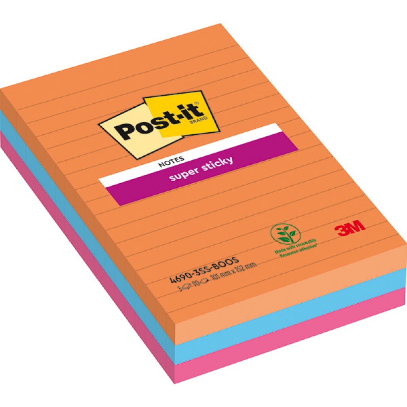 Karteczki samoprzylepne Post-it® Super Sticky XXL, BOOST, w linię, 101x152mm, 3x90 kart.