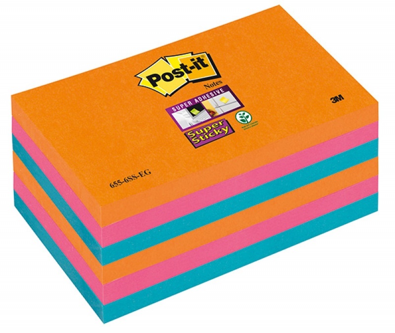 Karteczki samoprzylepne POST-IT® Super Sticky (655-6SS-EG), 127x76xmm, 6x90 kart., promienne kolory