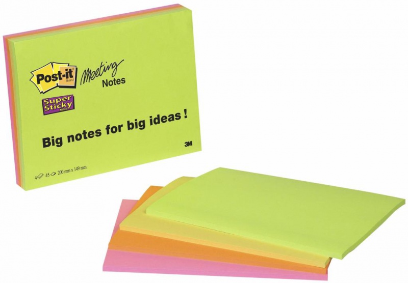 Karteczki samoprzylepne POST-IT® Super Sticky (6845-SSP), 200x149mm, 4x45 kart., mix kolorów
