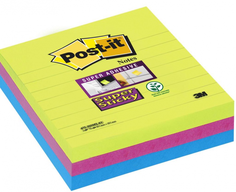 Karteczki samoprzylepne POST-IT® Super Sticky XL w linię (675-3SSMX), 101x101mm, 3x70 kart., paleta marrakesz