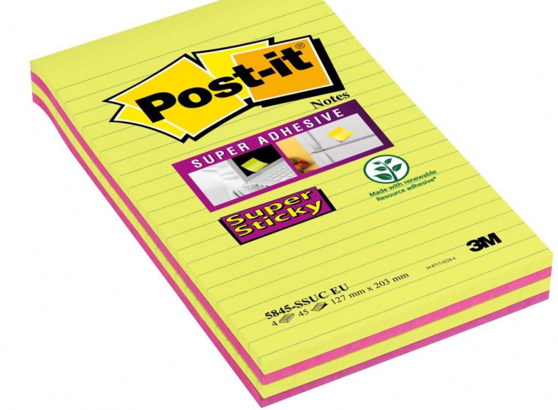 Karteczki samoprzylepne POST-IT® Super Sticky w linie (5845- SSUC), 125x200mm, 4x45 kart., neonowe - zdjęcie (7