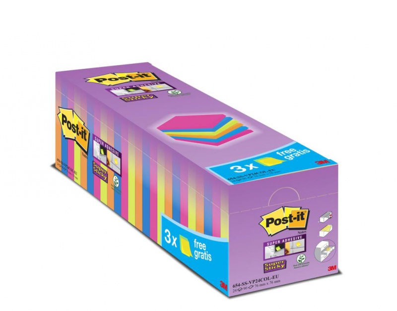 Karteczki samoprzylepne POST-IT® Super Sticky (654-SS-VP24COL), 76x76mm, 24x90 kart., mix kolorów, 3 Karteczki GRATIS - zdjęcie (6