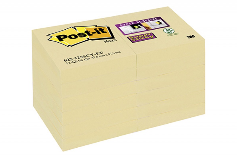 Karteczki samoprzylepne POST-IT® Super Sticky (622-12SSCY-EU), 47,6x47,6 mm, 12x90 kart., żółte