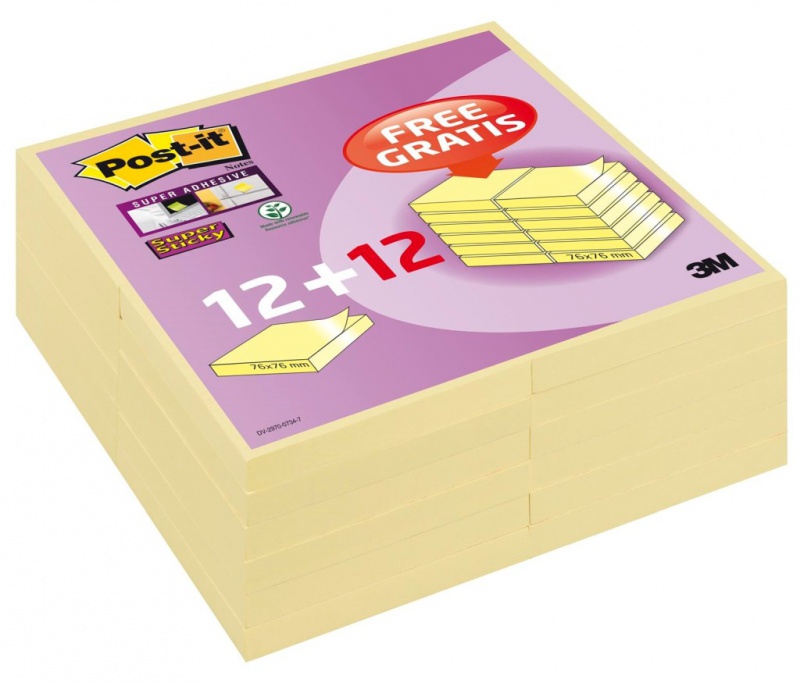 Karteczki samoprzylepne POST-IT® Super Sticky (654SSCYP12+12), 76x76mm, 12+12x90 kart., żółte - zdjęcie (8