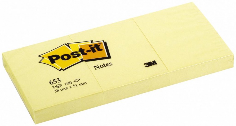 Karteczki samoprzylepne POST-IT® (653), 38x51mm, 3x100 kart., żółte