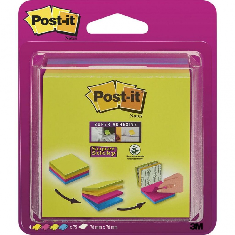 Multi kostka samoprzylepna POST-IT® Super Sticky (2014-SC-BYFG),76x76mm, 4x75 kart., mix kolorów