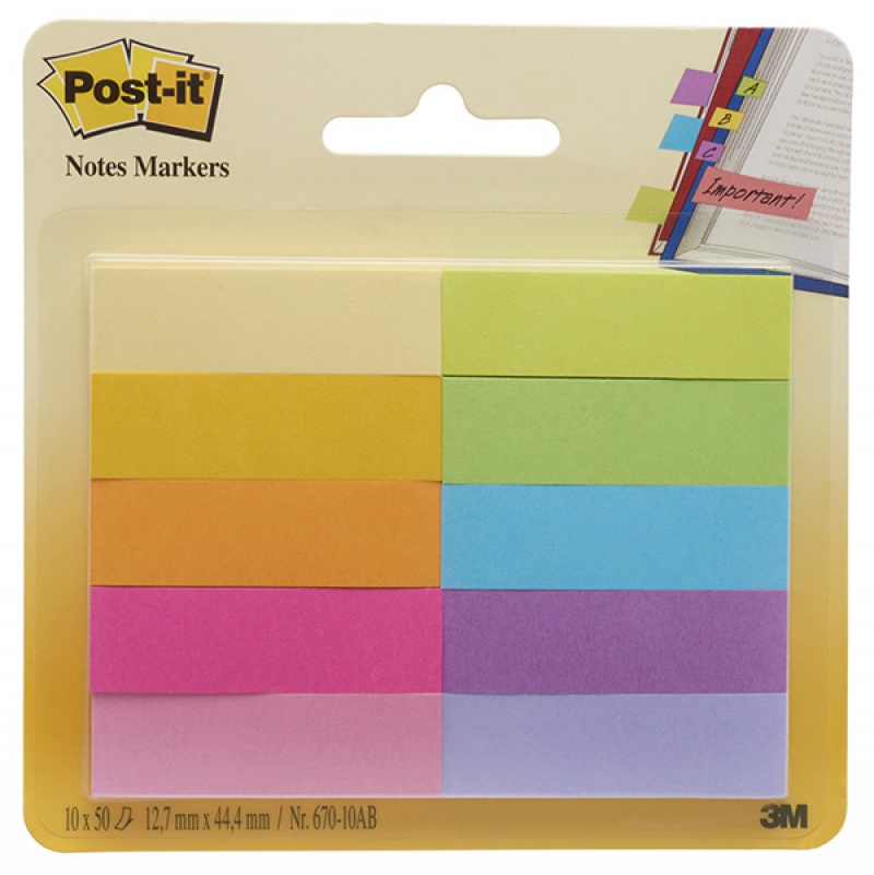 Zakładki indeksujące POST-IT® (670-10AB), papier, 12,7x44,4mm, 10x50 kart., mix kolorów