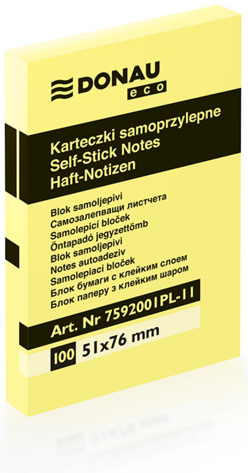 Bloczek samoprzylepny DONAU Eco, 51x76mm, 1x100 kart., jasnożółty - zdjęcie (2