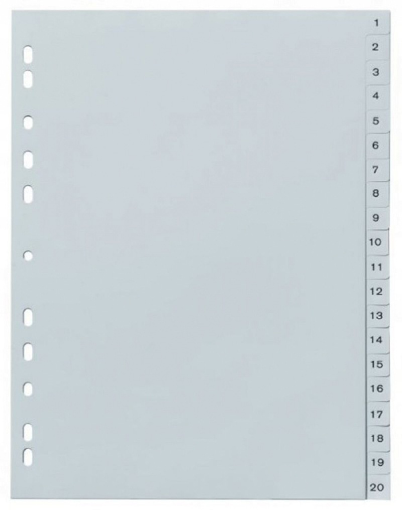 Przekładki indeksowane BIELLA, A4, PP, 20kart, INDEX 1-20, szare