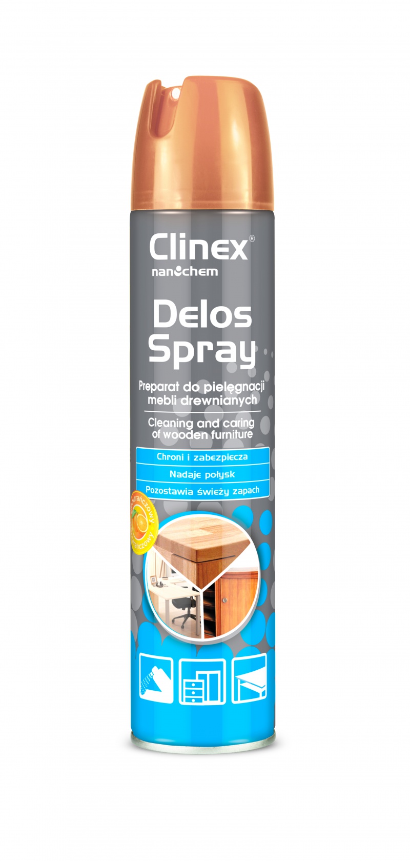 Spray do pielęgnacji i czyszczenia mebli drewnianych CLINEX Delos Shine, 300ml