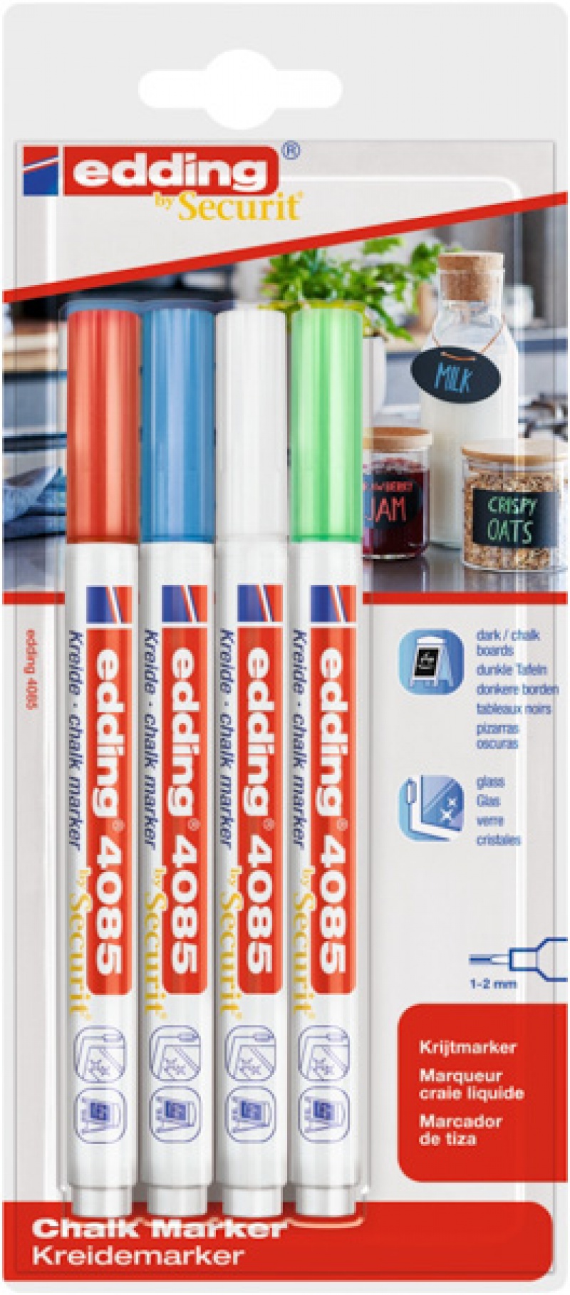 Marker kredowy e-4085 EDDING, 1-2 mm, blister, 4 szt., mix kolorów
