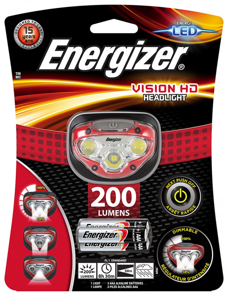 Latarka czołowa ENERGIZER Vision HD Headlight + 3szt. baterii AAA, czerowna