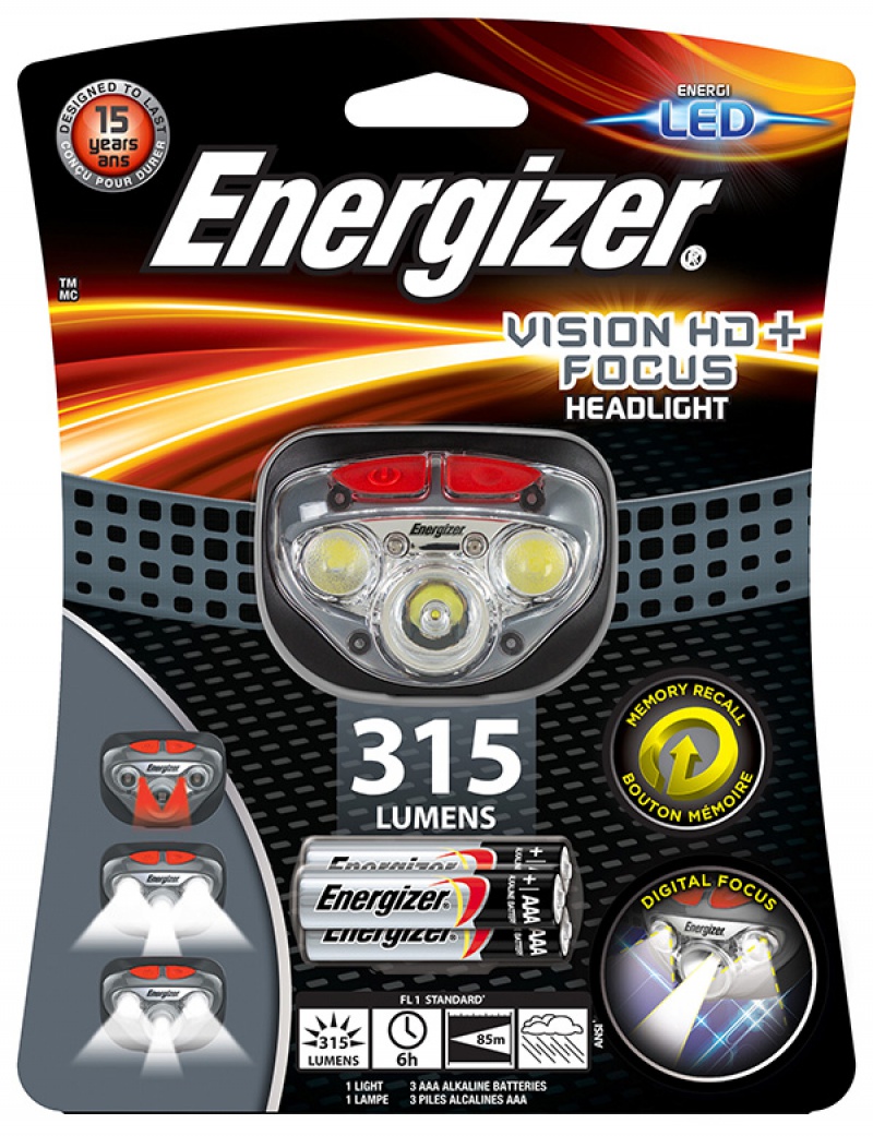 Latarka czołowa ENERGIZER Vision HD Plus Focus Headlight + 3szt. baterii AAA, szara