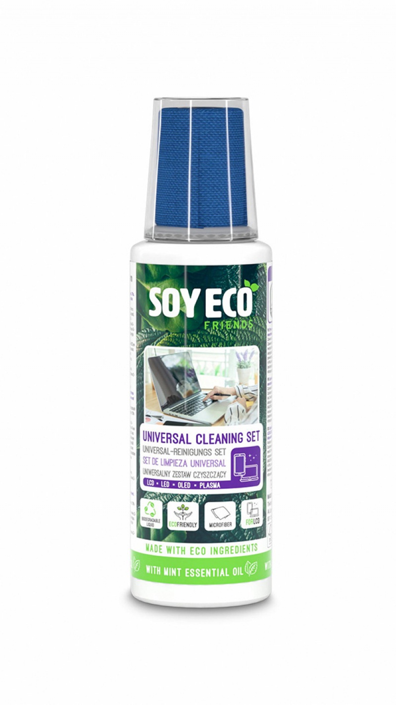 Zestaw 2w1 do czyszczenia ekranów SOYECO, Eco, środek czyszczący 100 ml + mikrofibra 20x20