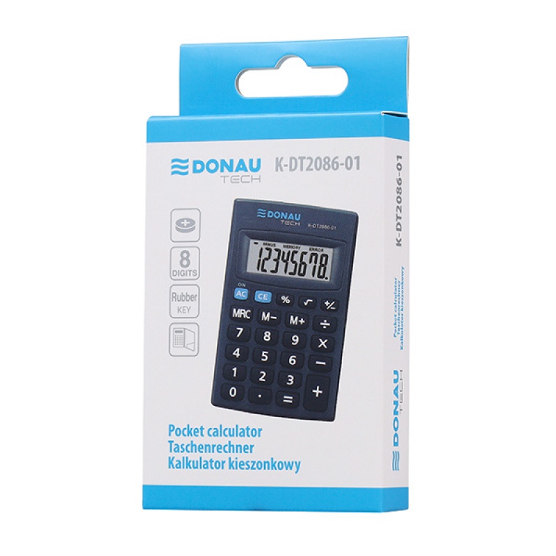 Kalkulator kieszonkowy DONAU TECH, 8-cyfr. wyświetlacz, wym. 85x56x9 mm, czarny - zdjęcie (2