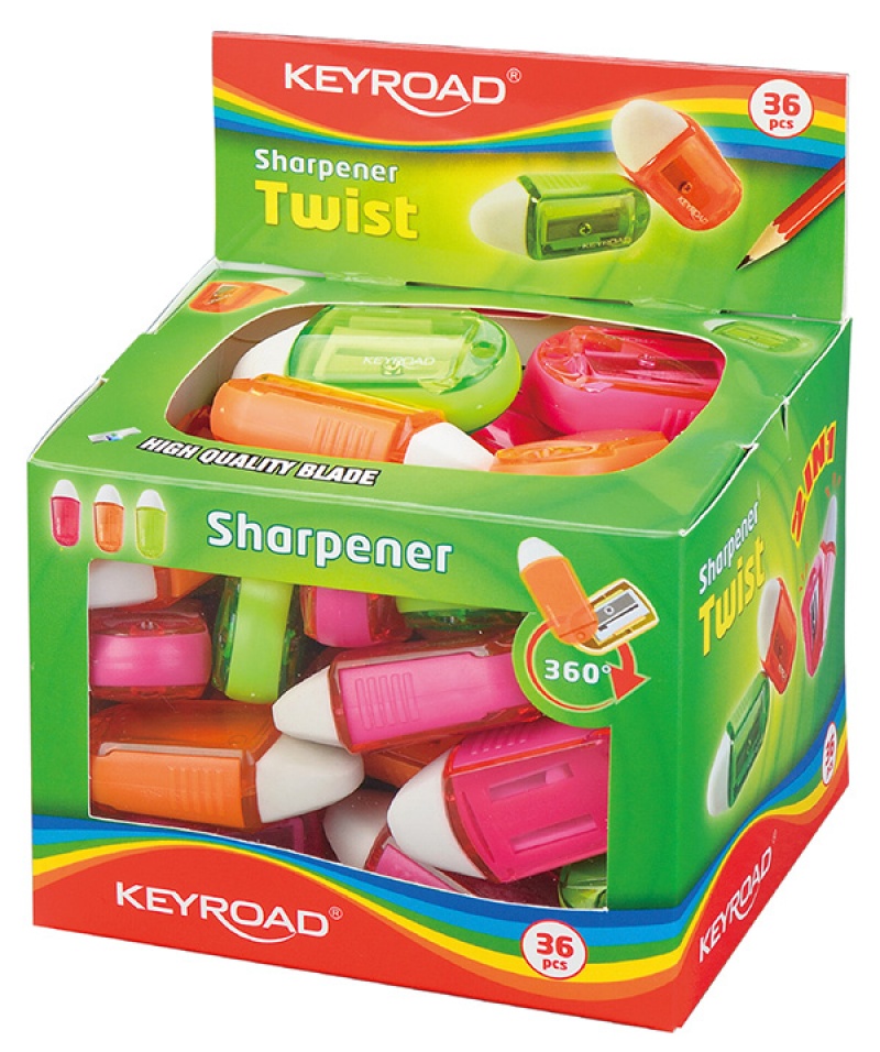 Temperówka KEYROAD Twist, plastikowa, pojedyncza, z gumką, pakowane na displayu, mix kolorów - zdjęcie (3