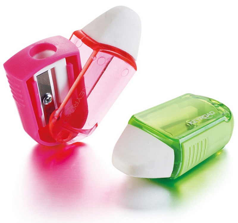 Temperówka KEYROAD Twist, plastikowa, pojedyncza, z gumką, pakowane na displayu, mix kolorów