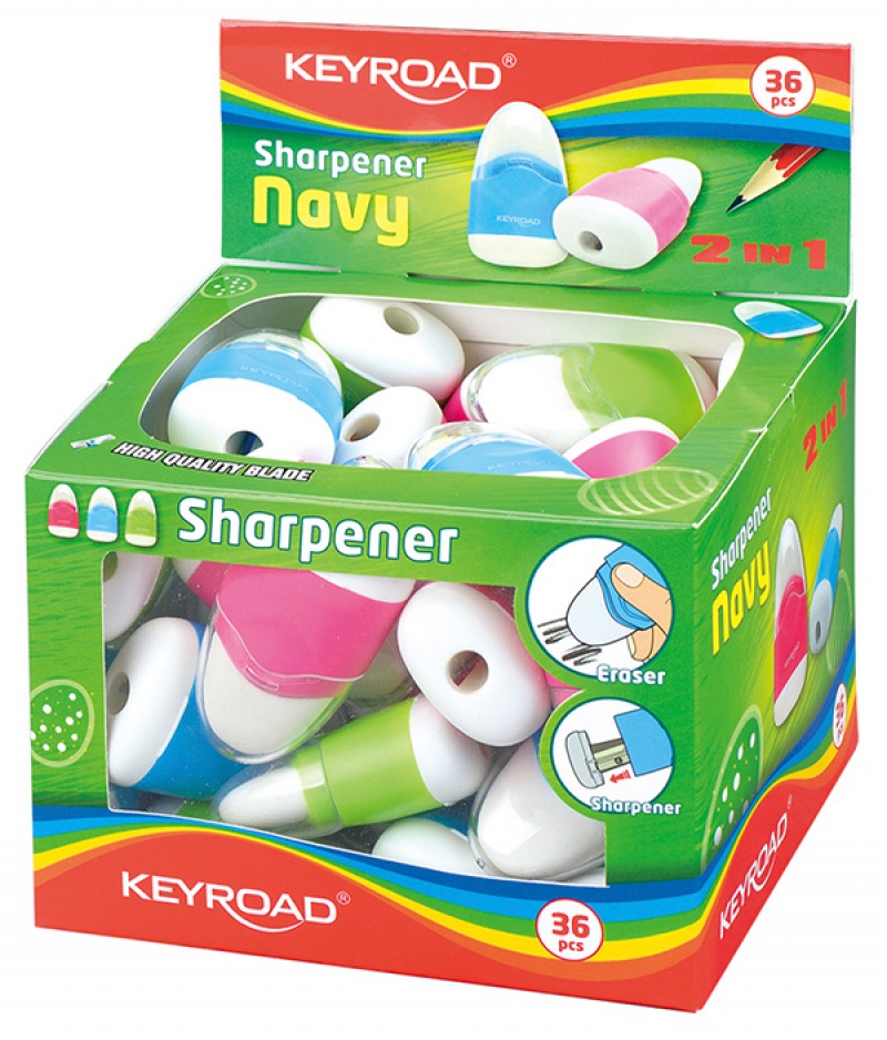 Temperówka KEYROAD Navy, plastikowa, pojedyncza, z gumką, pakowane na displayu, mix kolorów - zdjęcie (3