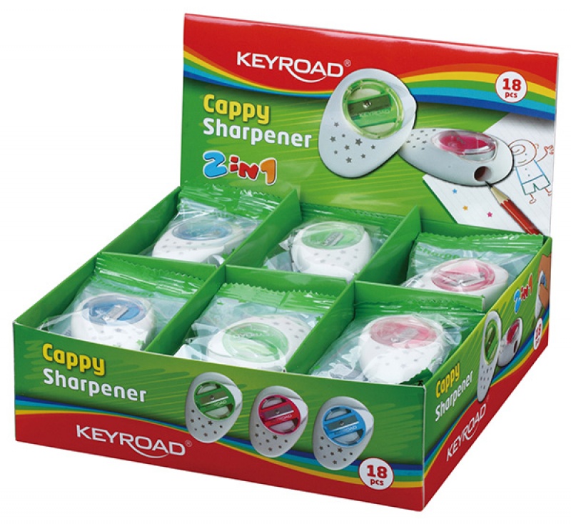 Temperówka KEYROAD Cappy, plastikowa, pojedyncza, z gumką, pakowane na displayu, mix kolorów - zdjęcie (3