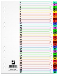 Przekładki Q-CONNECT Mylar, karton, A4, 225x297mm, 1-31, 31 kart, lam. indeks, mix kolorów