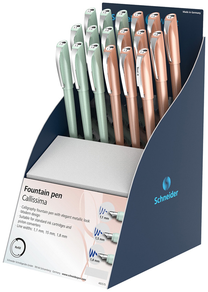 Display piór wiecznych SCHNEIDER Callissima, 17 szt. + 1 szt. GRATIS, mix grubości i kolorów