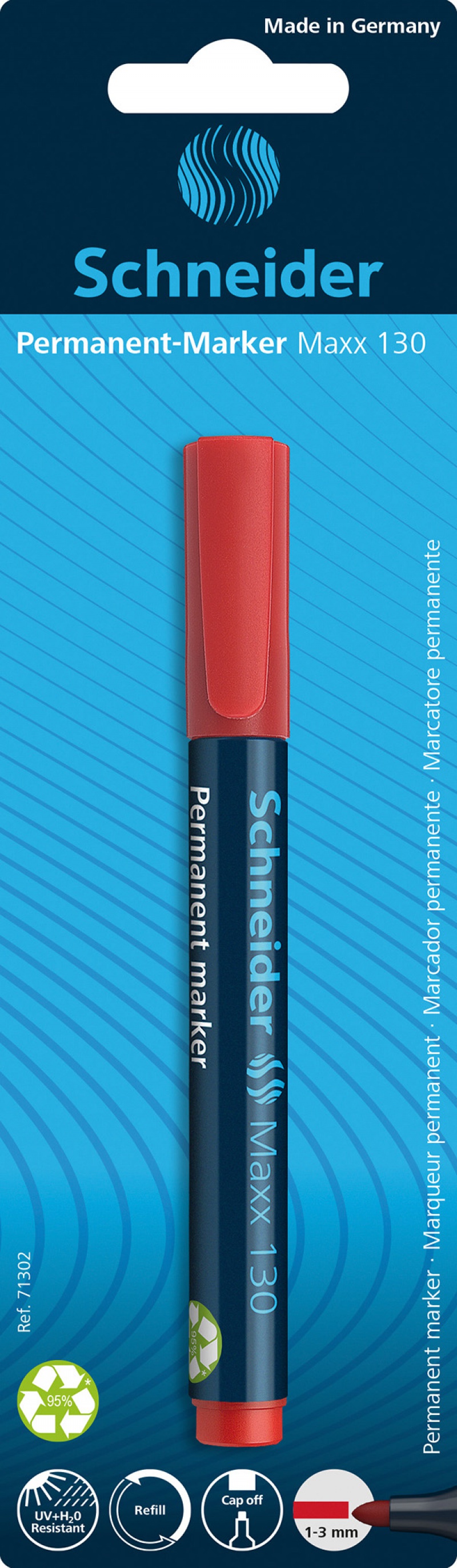Marker permanentny SCHNEIDER Maxx 130, okrągły, 1-3mm, blister, czerwony