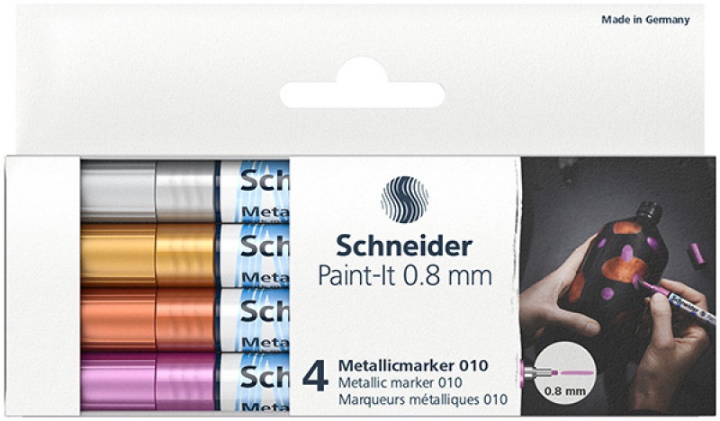 Marker akrylowy SCHNEIDER Paint-It Metallic, 0,8 mm, etui 4 szt., srebrny, złoty, miedziany, fioletowy - zdjęcie (2