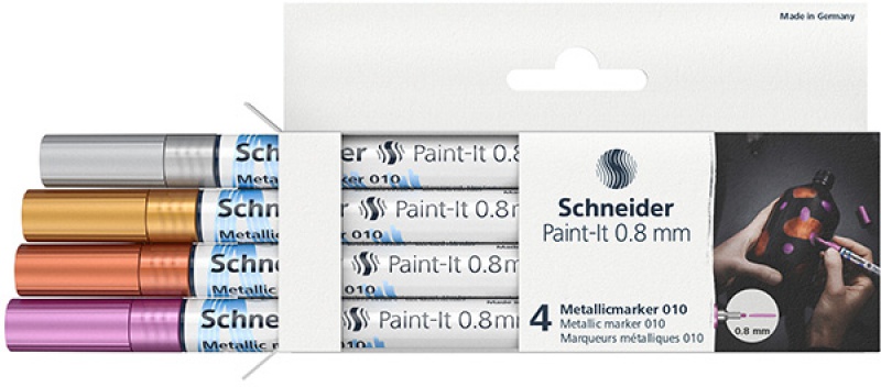 Marker akrylowy SCHNEIDER Paint-It Metallic, 0,8 mm, etui 4 szt., srebrny, złoty, miedziany, fioletowy