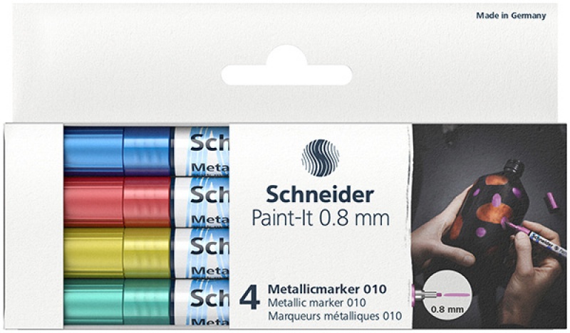 Marker akrylowy SCHNEIDER Paint-It Metallic, 0,8 mm, etui 4 szt., niebieski, czerowny, żółty, zielony - zdjęcie (2