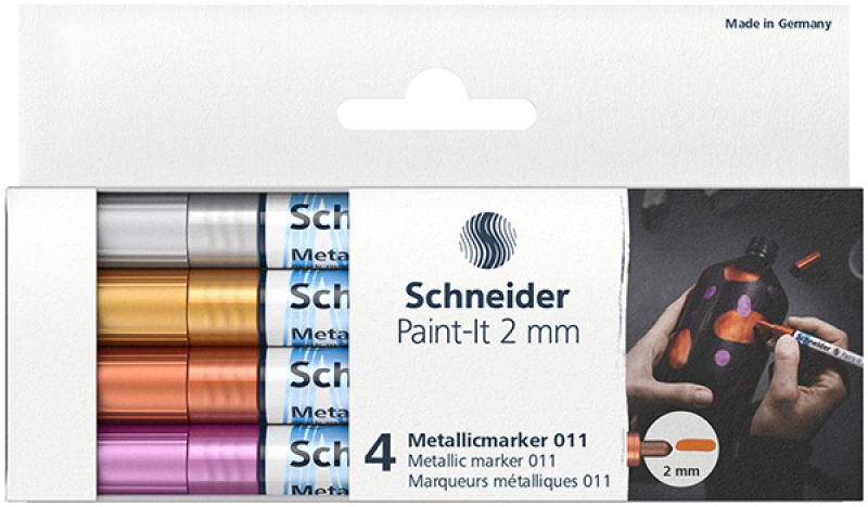 Marker akrylowy SCHNEIDER Paint-It Metallic, 2 mm, etui 4 szt., srebrny, złoty, miedziany, fioletowy - zdjęcie (2