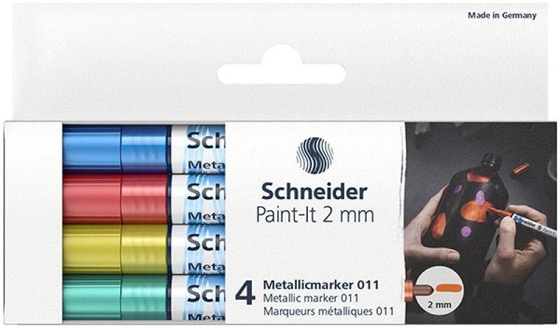 Marker akrylowy SCHNEIDER Paint-It Metallic, 2 mm, etui 4 szt., niebieski, czerowny, żółty, zielony - zdjęcie (2