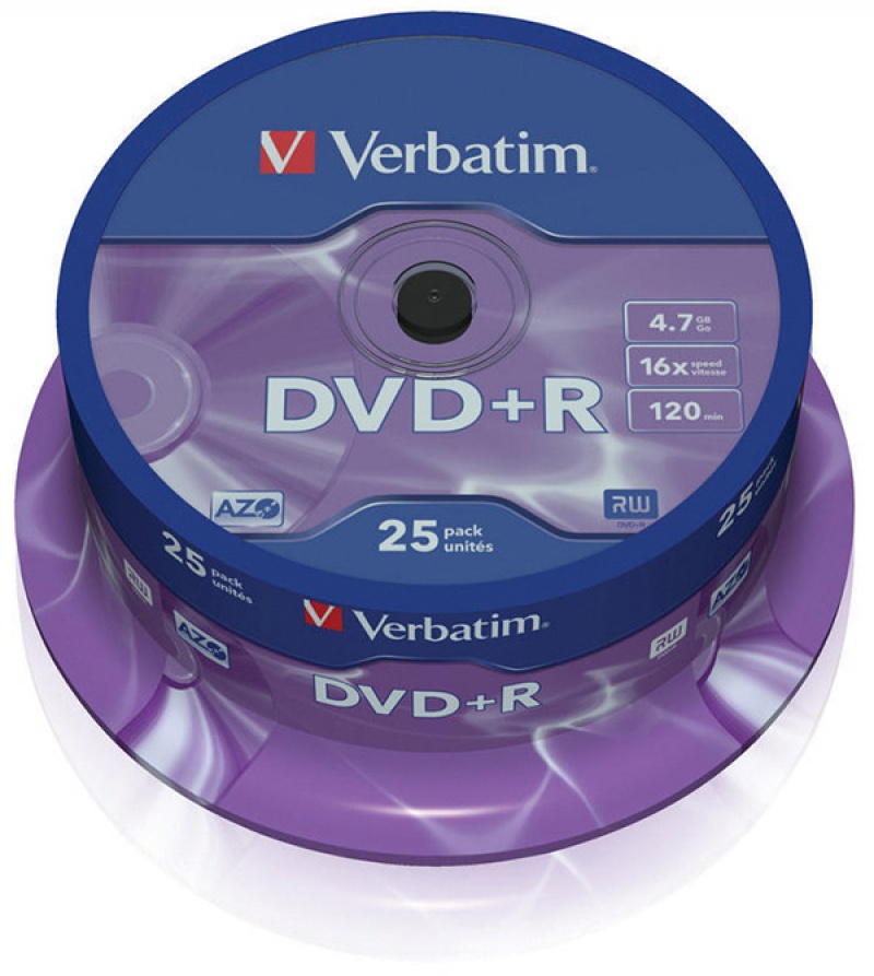 Płyta DVD+R VERBATIM AZO, 4,7GB, prędkość 16x, cake, 25szt., srebrny mat