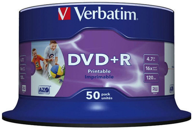 Płyta DVD+R VERBATIM AZO, 4,7GB, prędkość 16x, cake, 50szt., do nadruku