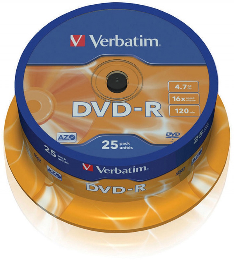 Płyta DVD-R VERBATIM AZO, 4,7GB, prędkość 16x, cake, 25szt., srebrny mat