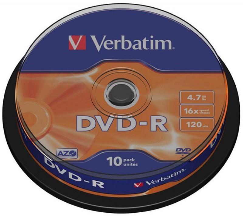 Płyta DVD-R VERBATIM AZO, 4,7GB, prędkość 16x, cake, 10szt., srebrny mat