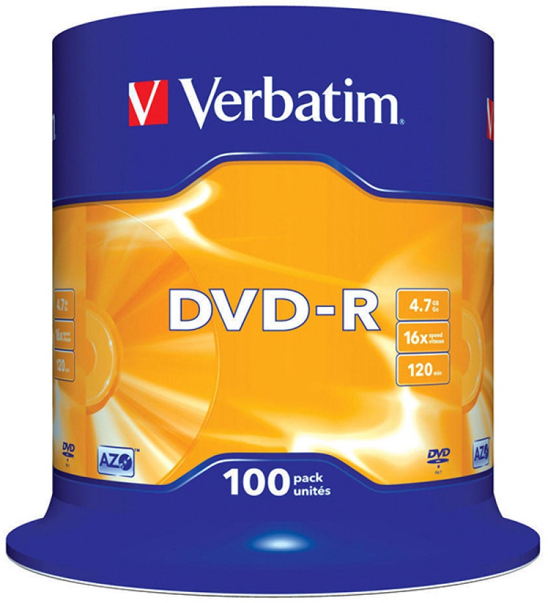 Płyta DVD-R VERBATIM AZO, 4,7GB, prędkość 16x, cake, 100szt., srebrny mat