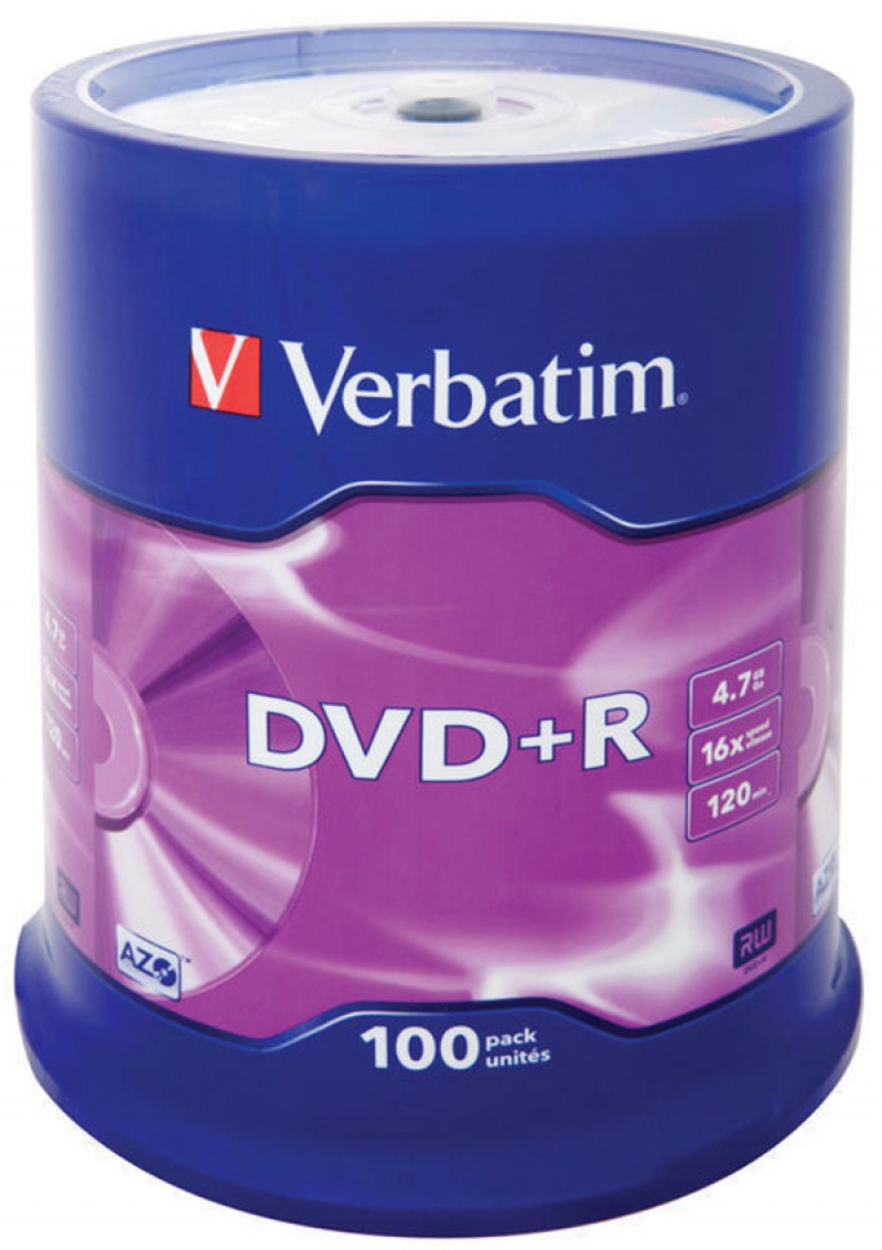 Płyta DVD+R VERBATIM AZO, 4,7GB, prędkość 16x, cake, 100szt., srebrny mat